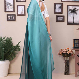 Morpich Green Solid Satin Ready To Wear Ombre Saree