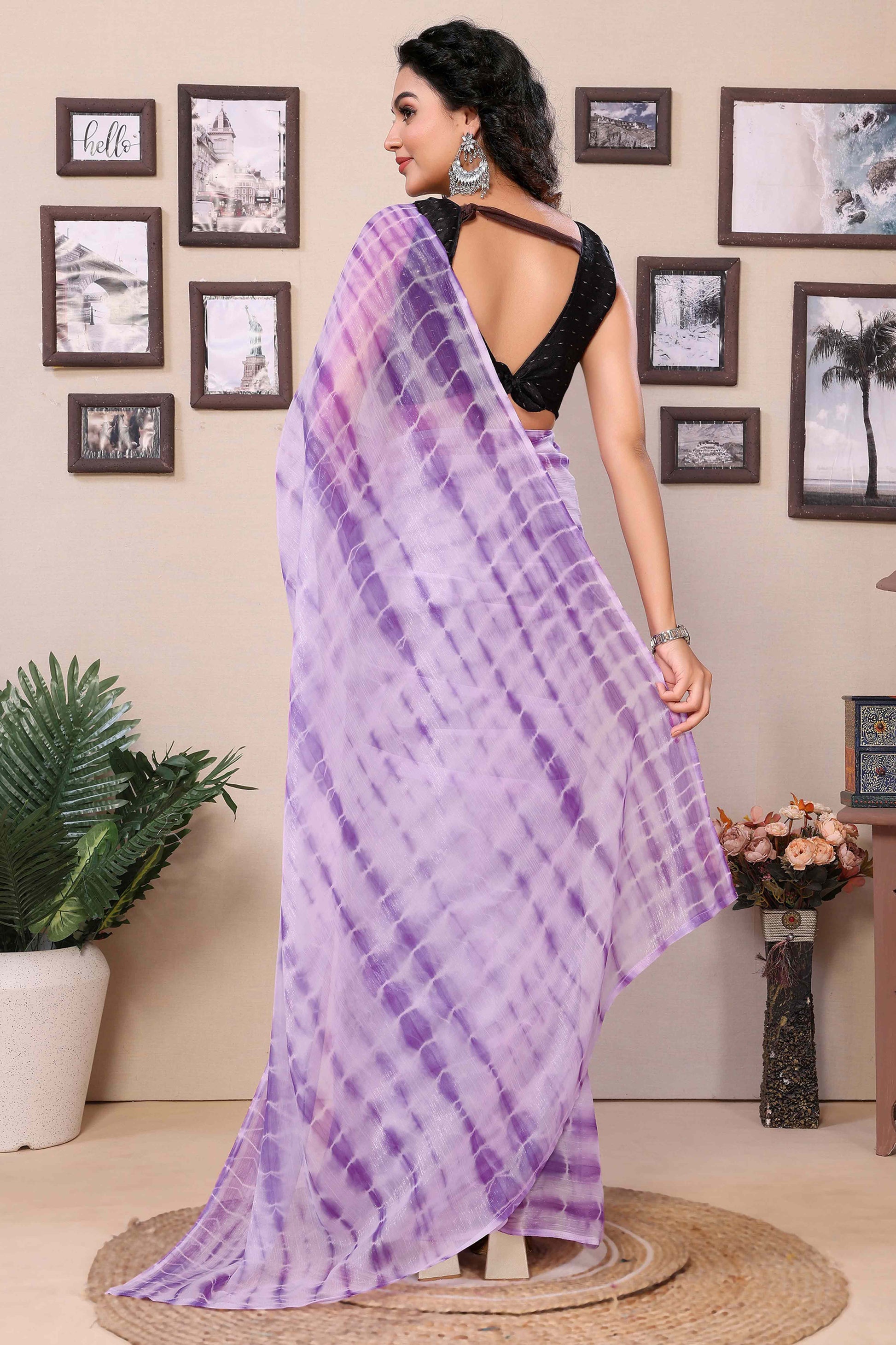 Lavender Shibori Printed Georgette Ready To Wear Saree