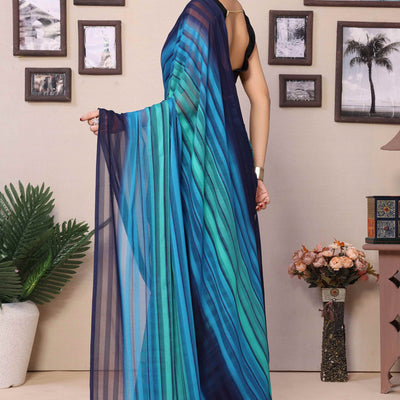 Blue Striped Printed Georgette Satin Patta Ready To Wear Saree