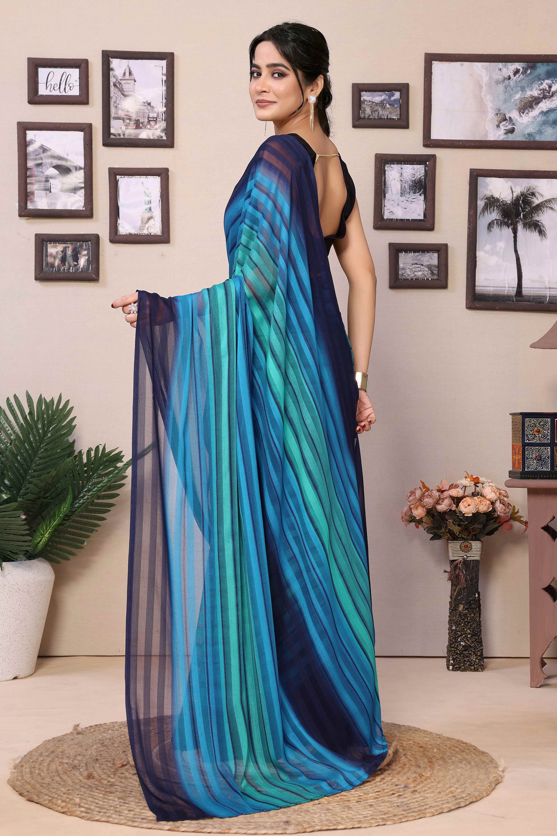 Blue Striped Printed Georgette Satin Patta Ready To Wear Saree