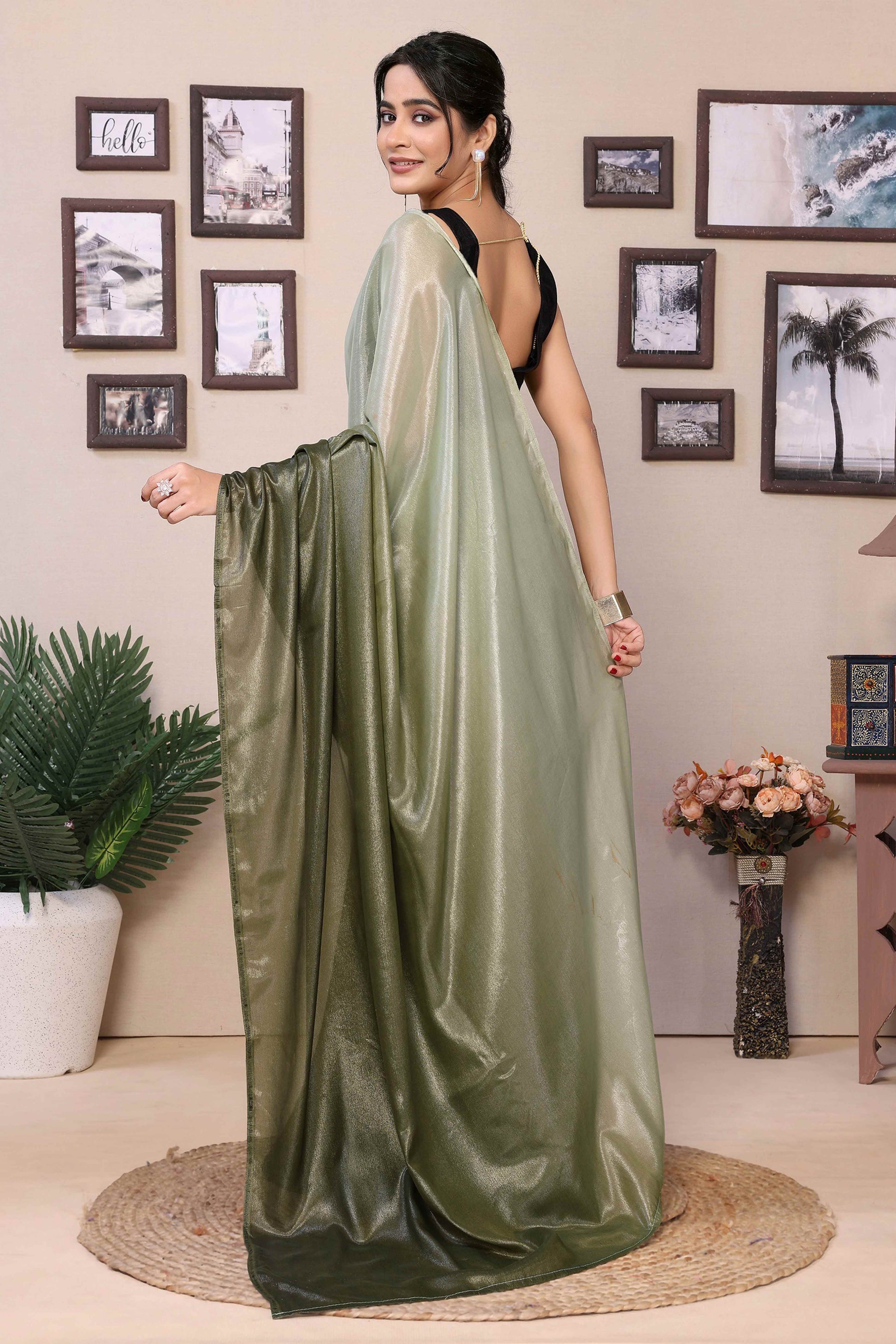 Mehendi Green Solid Printed Chiffon Ready To Wear Ombre Saree