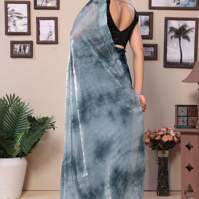 Grey Printed With Diamond Work Zimmi Choo Organza Ready To Wear Saree