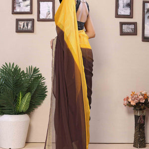 Brown & Yellow Solid With Zari Woven Border Chiffon Ready To Wear Ombre Saree