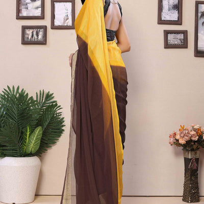Brown & Yellow Solid With Zari Woven Border Chiffon Ready To Wear Ombre Saree