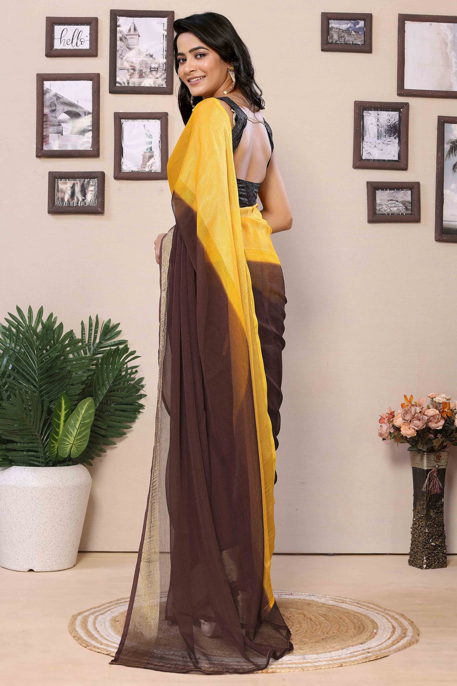 Brown & Yellow Solid With Zari Woven Border Chiffon Ready To Wear Ombre Saree