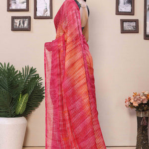 Magenta & Orange Striped Zari With Digital Printed Georgette Ready To Wear Saree