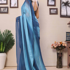 Blue Striped Zari With Digital Printed Georgette Ready To Wear Saree