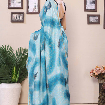 Blue Woven With Printed Silk Ready To Wear Saree