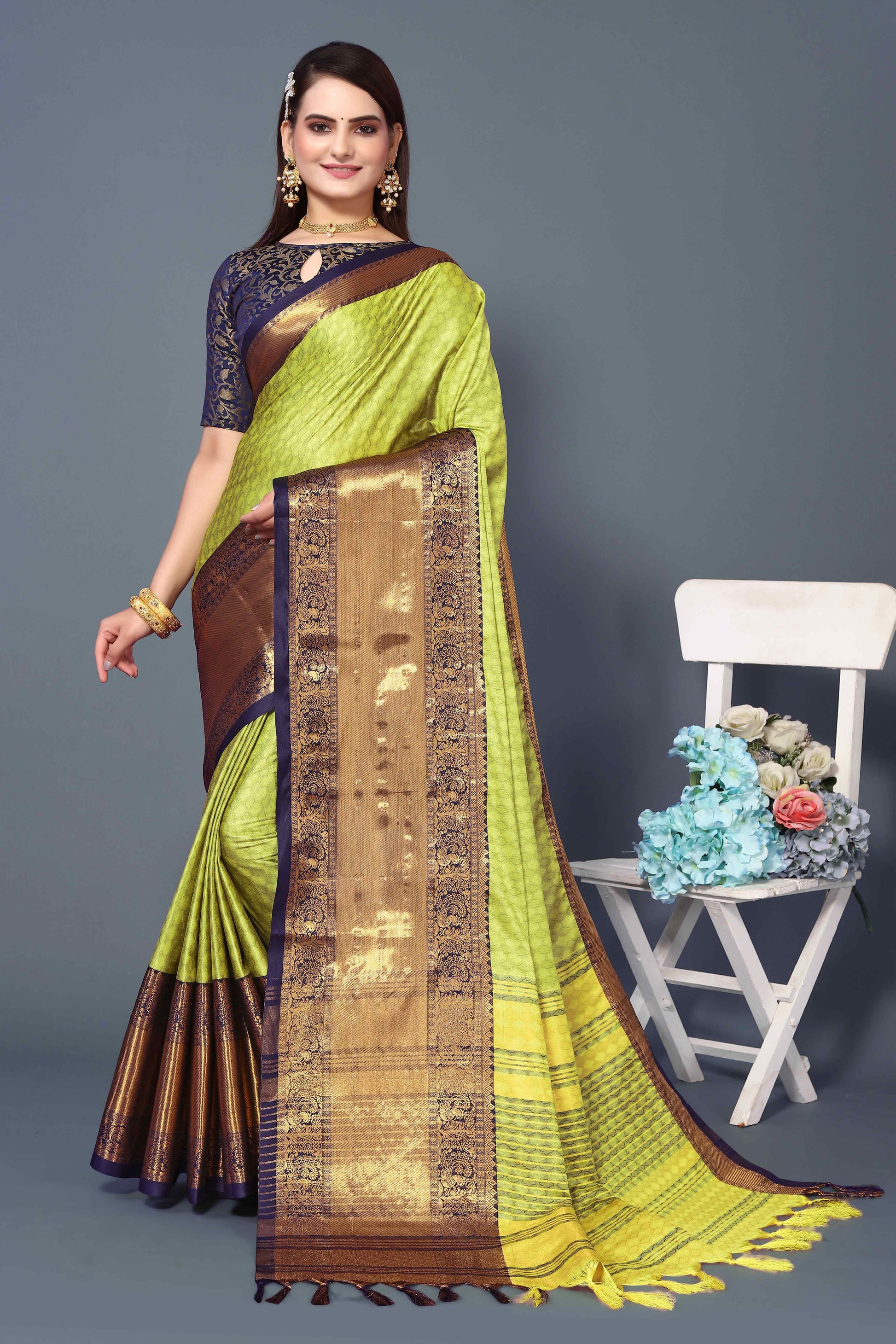 Lemon Green Zari Weaving Cotton Silk Saree