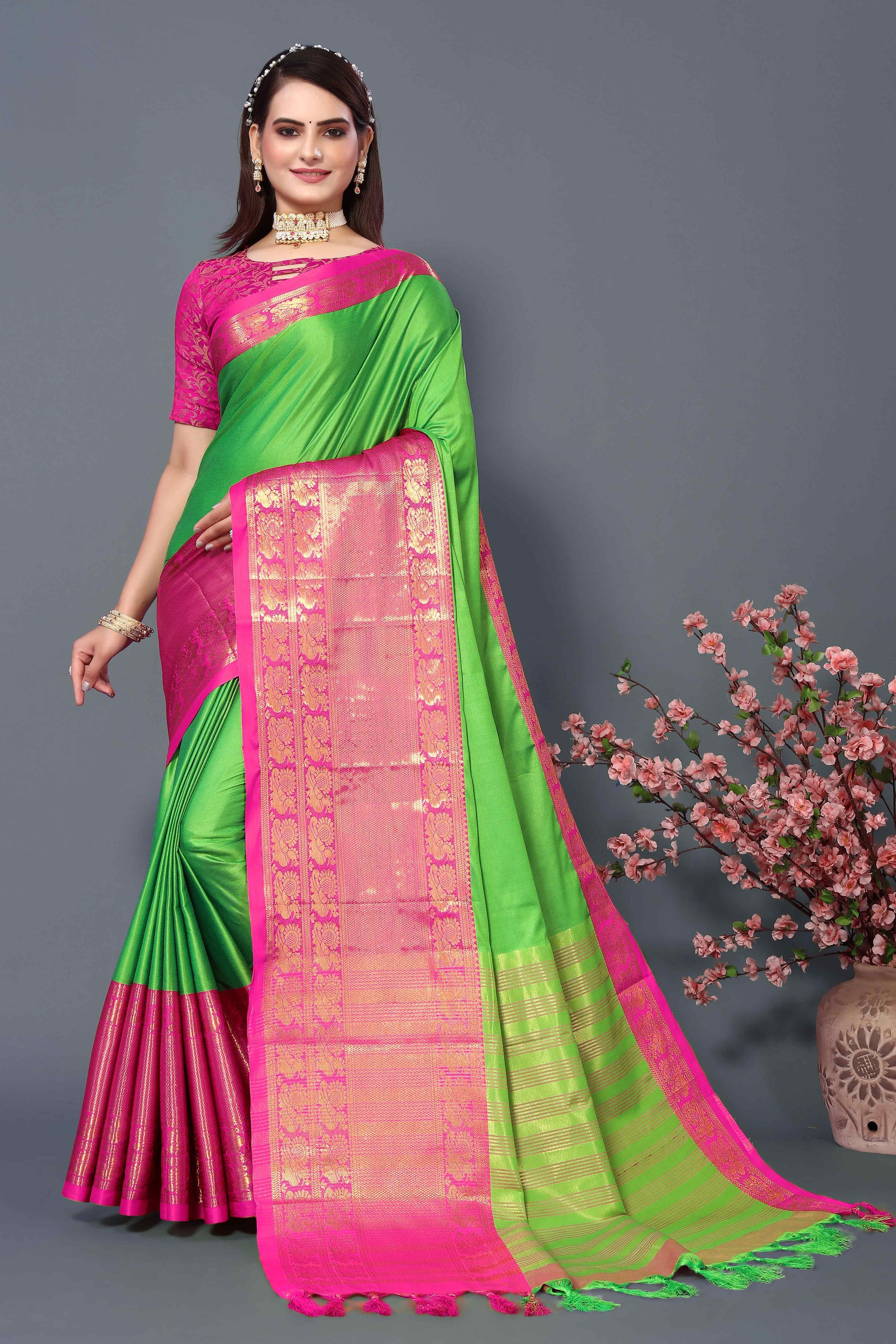Fresh Green Zari Weaving Cotton Silk Saree