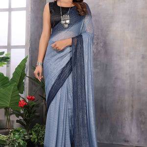 Grey Striped Zari Woven Art Silk Ready To Wear Saree