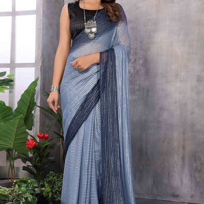Grey Striped Zari Woven Art Silk Ready To Wear Saree