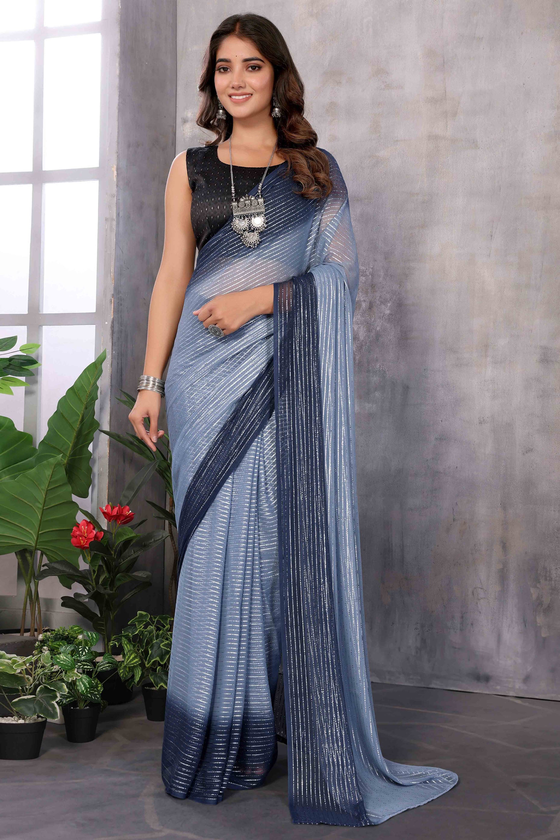 Grey Striped Zari Woven Art Silk Ready To Wear Saree