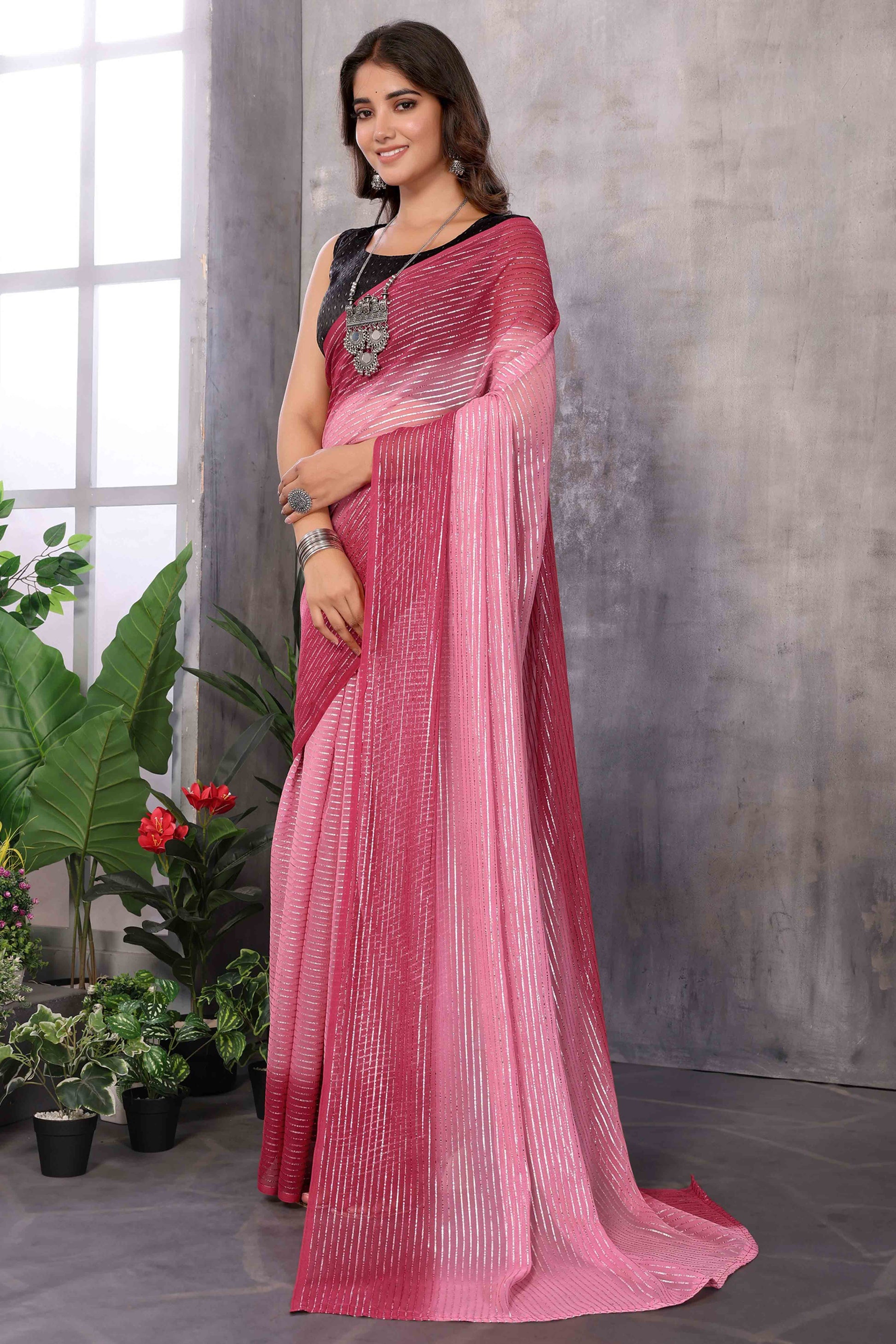 Maroon Striped Zari Woven Art Silk Ready To Wear Saree