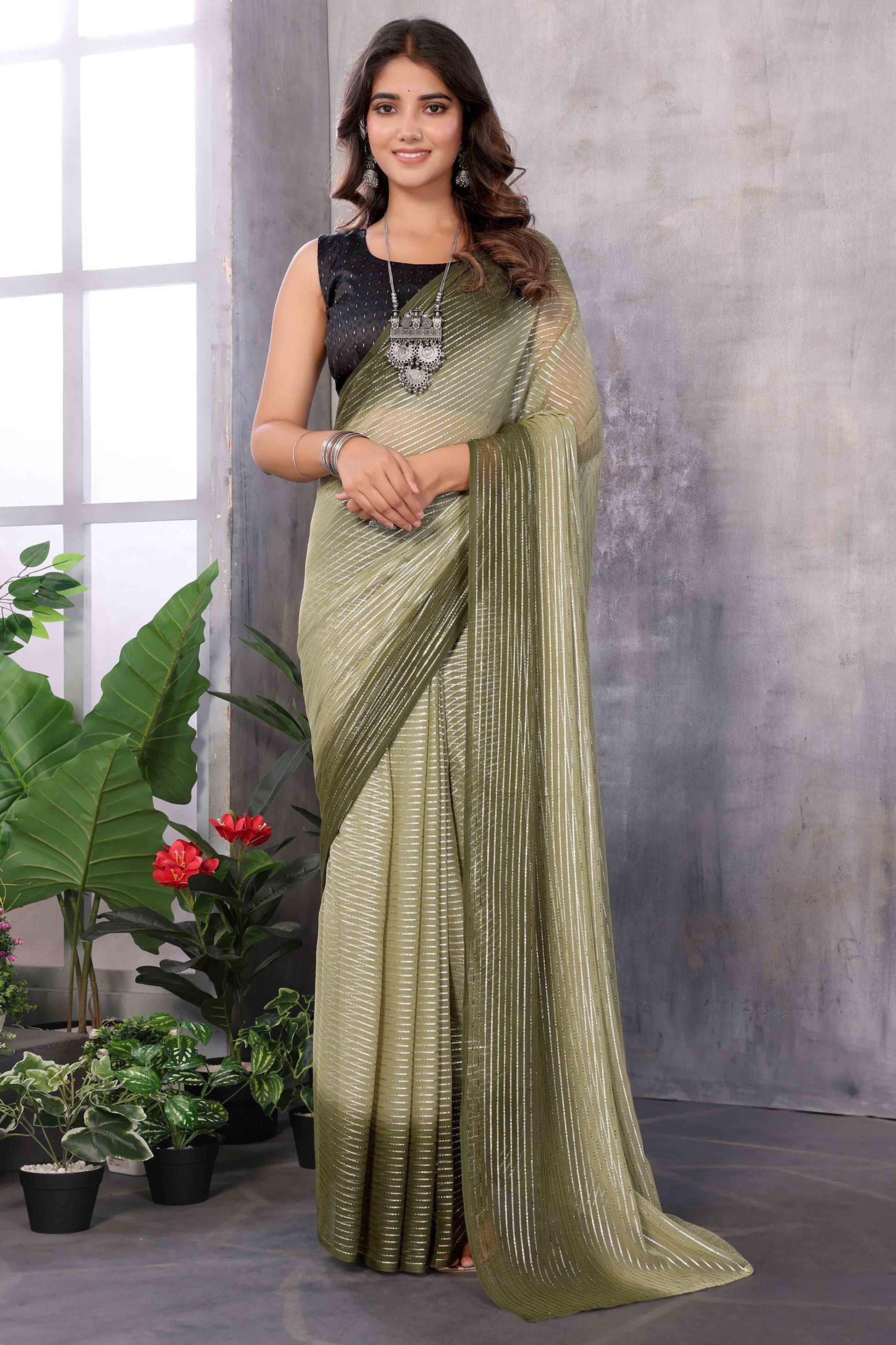 Mehendi Green Striped Zari Woven Art Silk Ready To Wear Saree