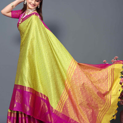 Lime Yellow Zari Weaving Cotton Silk Saree