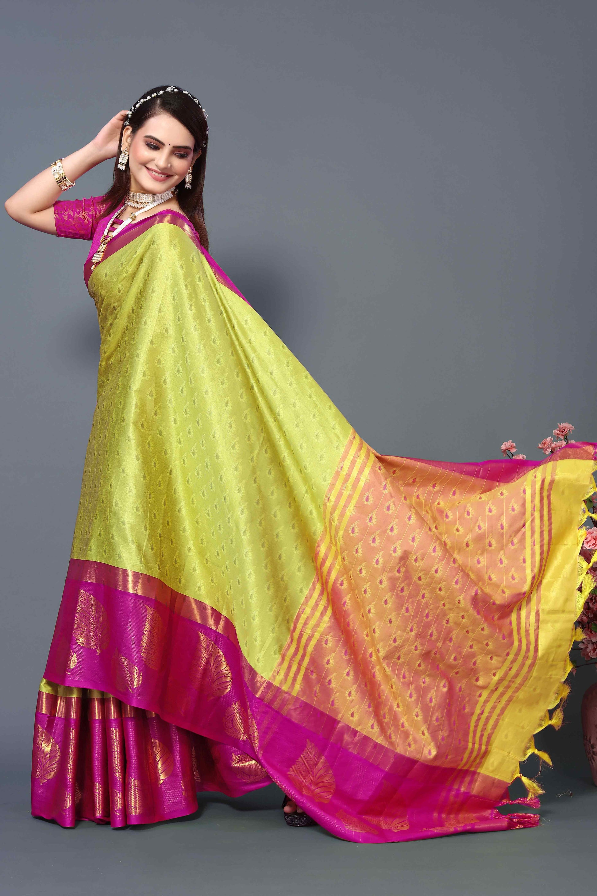 Lime Yellow Zari Weaving Cotton Silk Saree