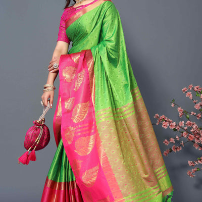 Lemon Green Zari Weaving Cotton Silk Saree