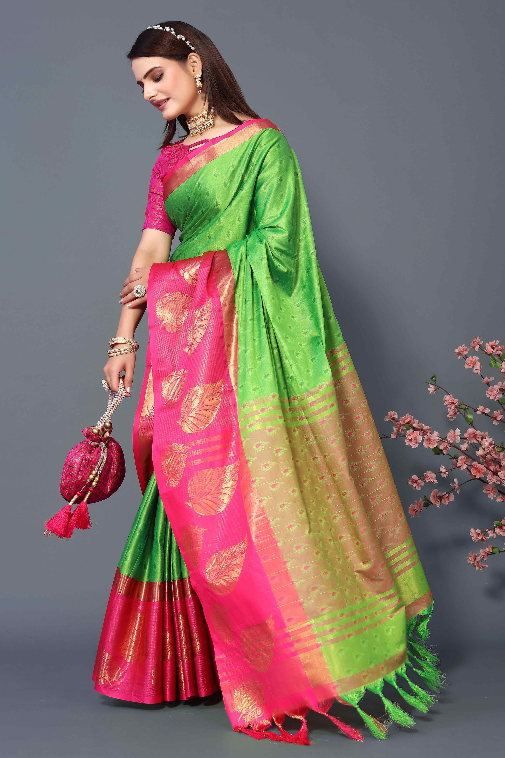 Lemon Green Zari Weaving Cotton Silk Saree