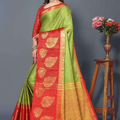 Light Green Zari Weaving Cotton Silk Saree