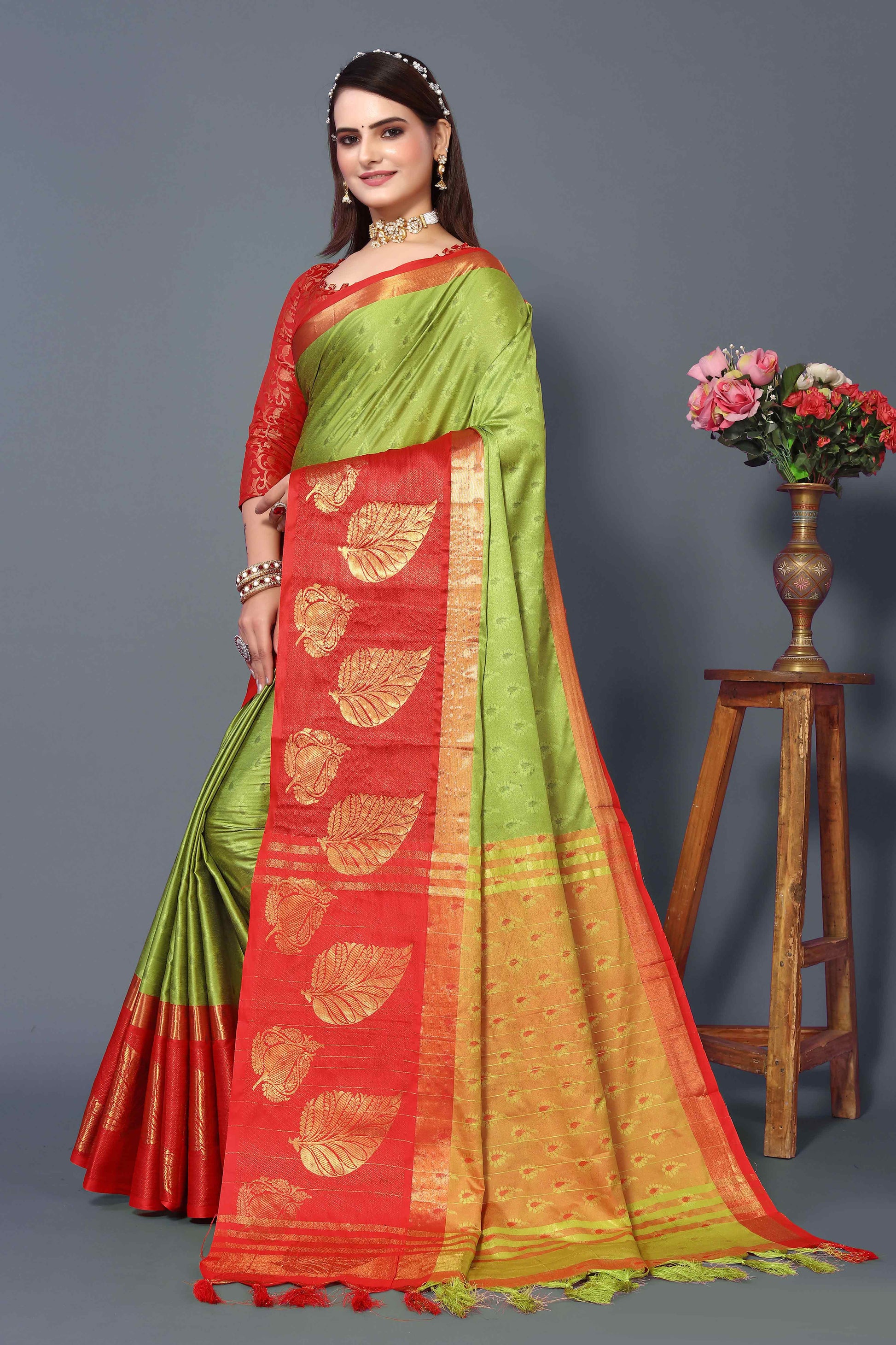 Light Green Zari Weaving Cotton Silk Saree