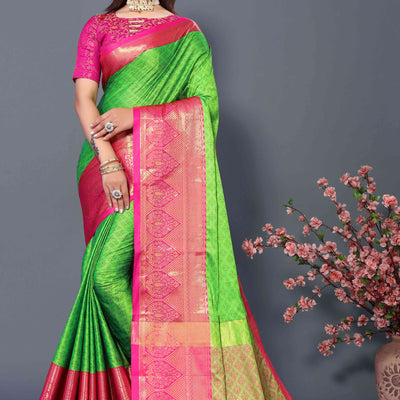 Lemon Green Zari Weaving Cotton Silk Saree