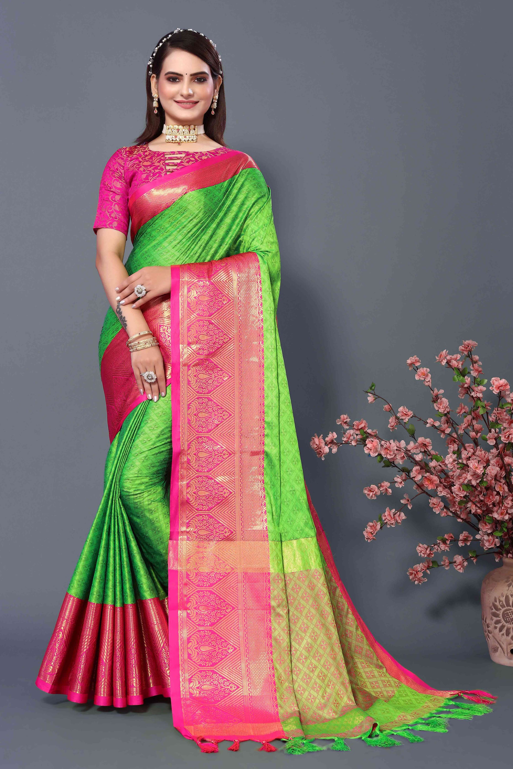 Lemon Green Zari Weaving Cotton Silk Saree