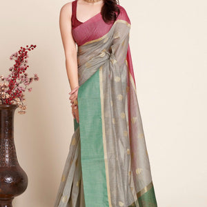 Grey Zari Weaving Cotton Silk Saree