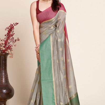 Grey Zari Weaving Cotton Silk Saree