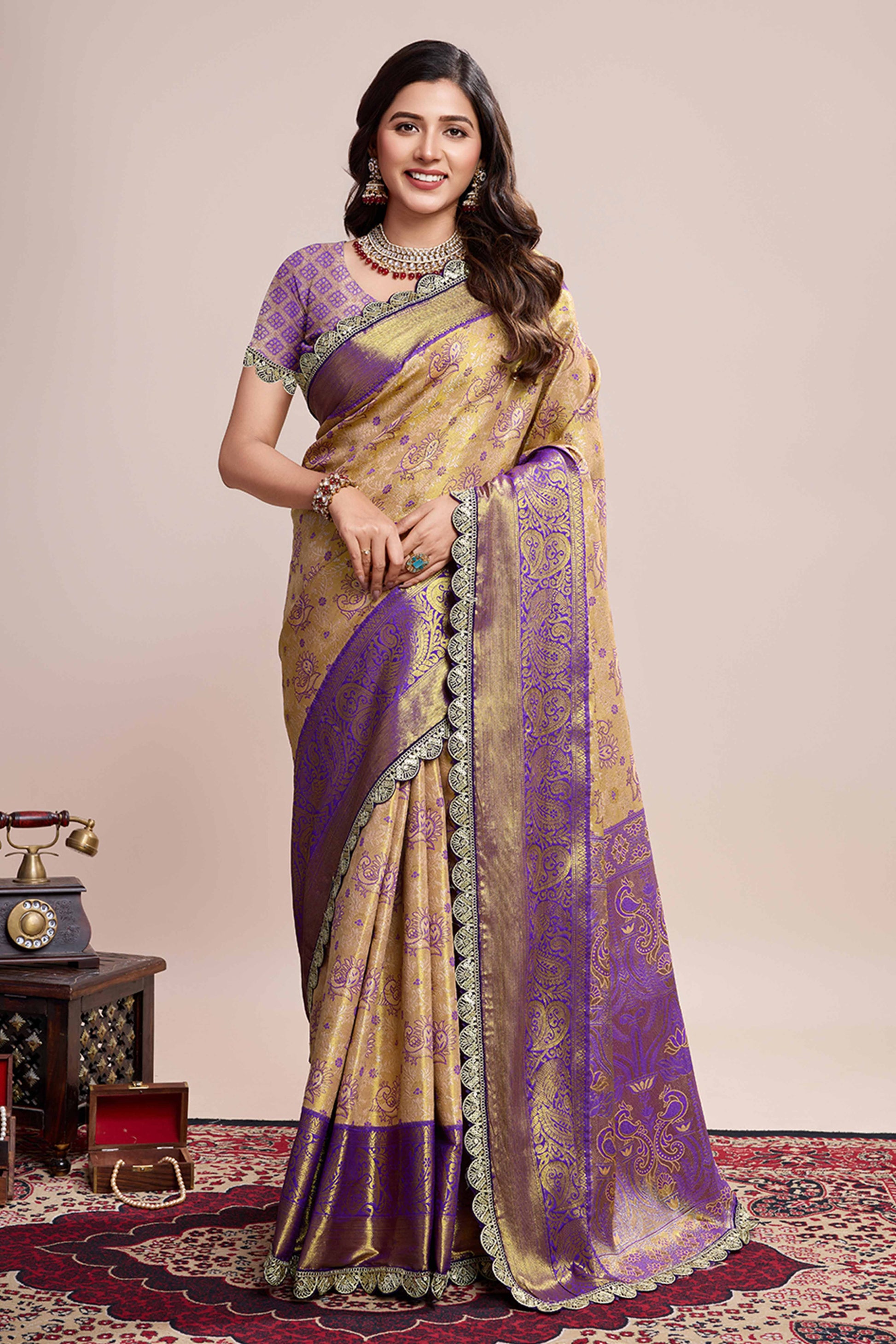 Dark Beige Zari Weaving Kanjivaram Silk Saree