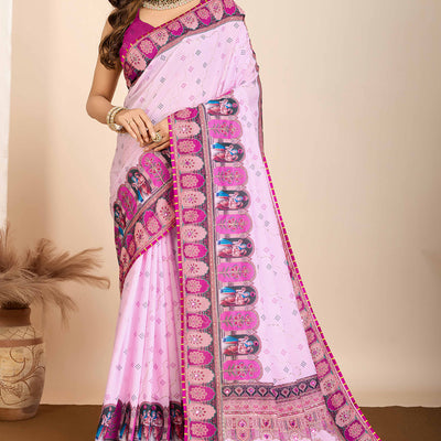 Light Purple Digital Print with Embroidery Work Muslin Saree