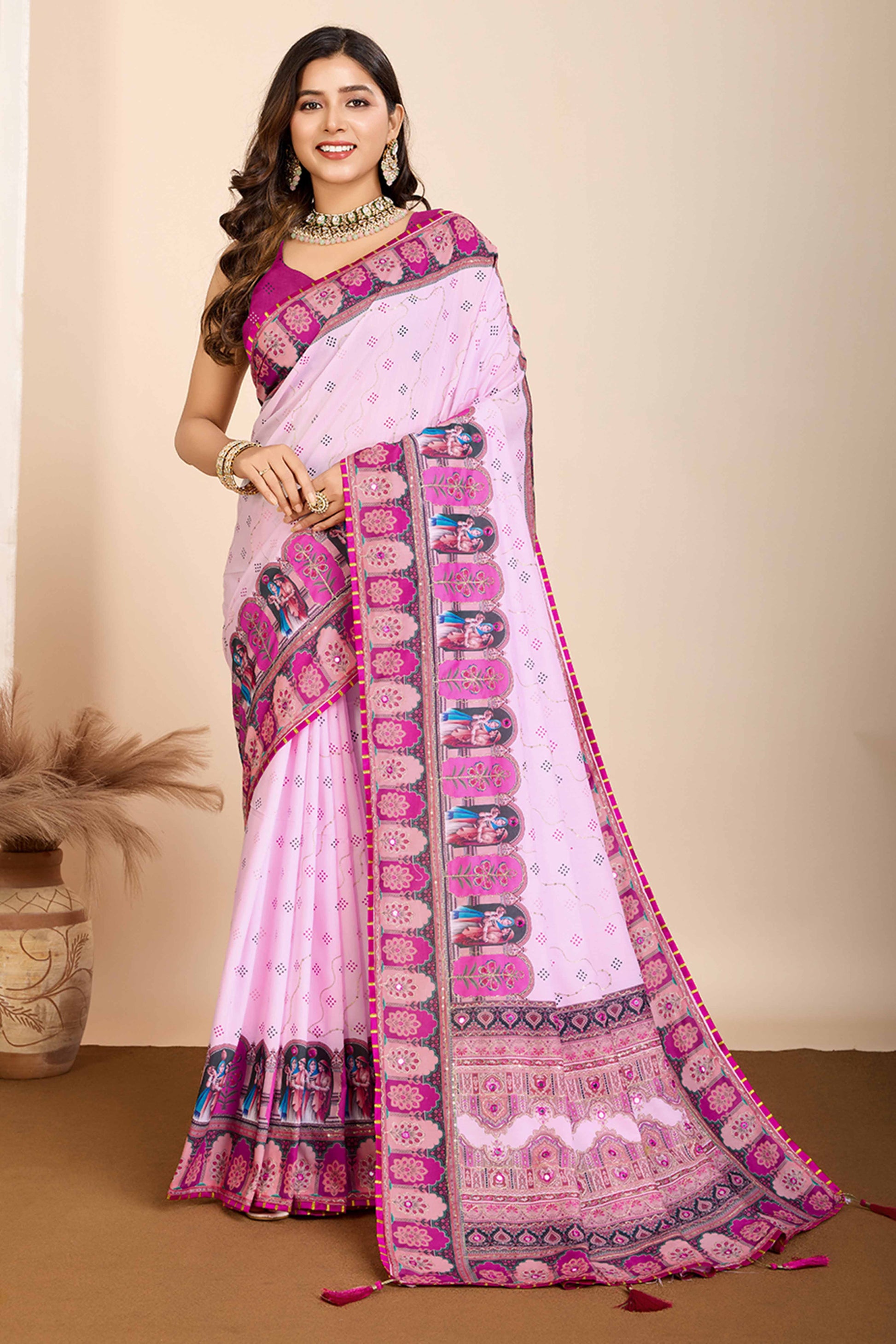 Light Purple Digital Print with Embroidery Work Muslin Saree