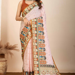 Cream Digital Print with Embroidery Work Muslin Saree