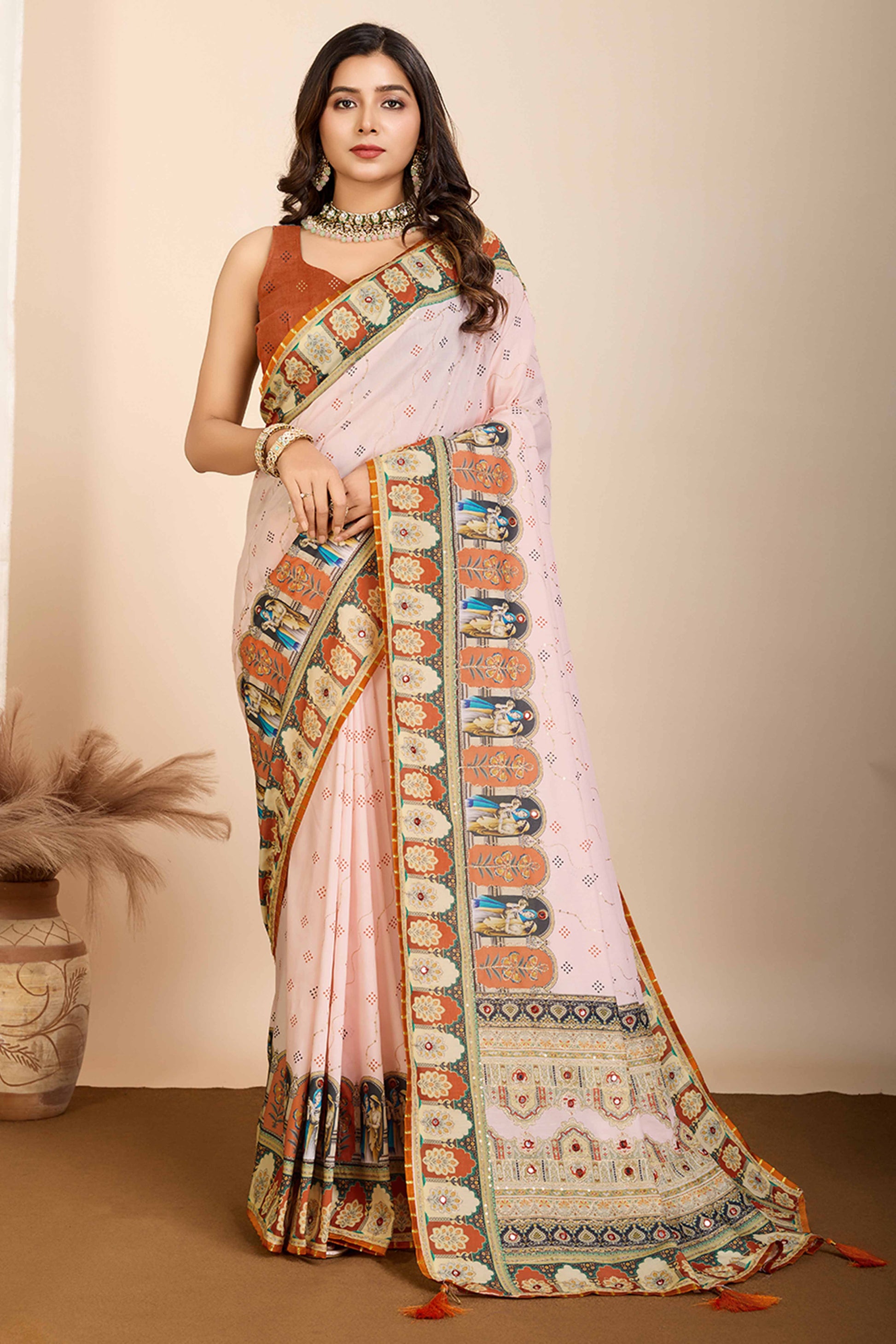 Cream Digital Print with Embroidery Work Muslin Saree