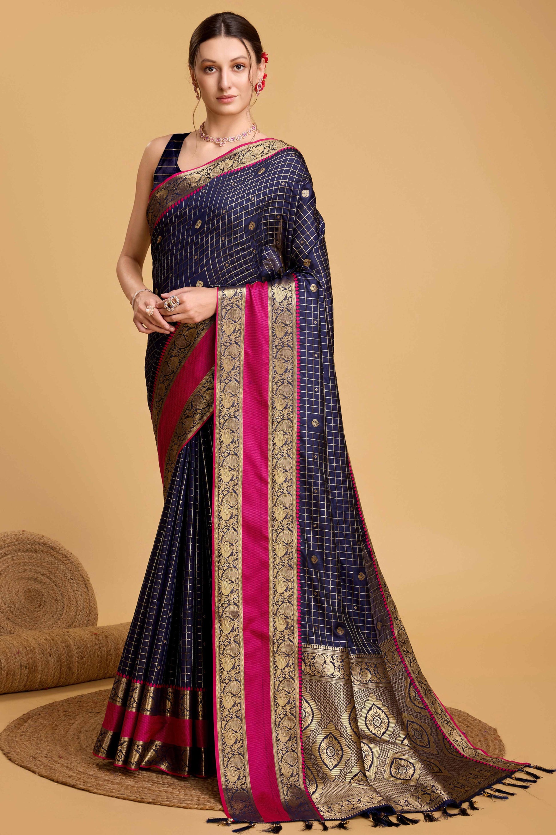 Dark Blue Zari Weaving Banarasi Silk Saree
