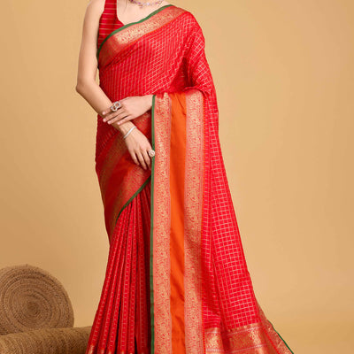 Cherry Red Zari Weaving Banarasi Silk Saree