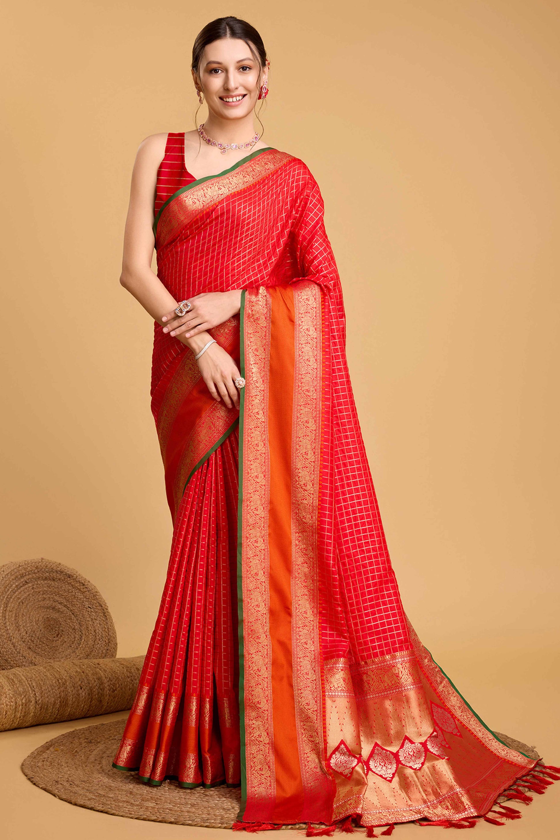 Cherry Red Zari Weaving Banarasi Silk Saree
