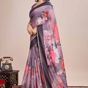 Dusky Purple Floral Printed Linen Saree