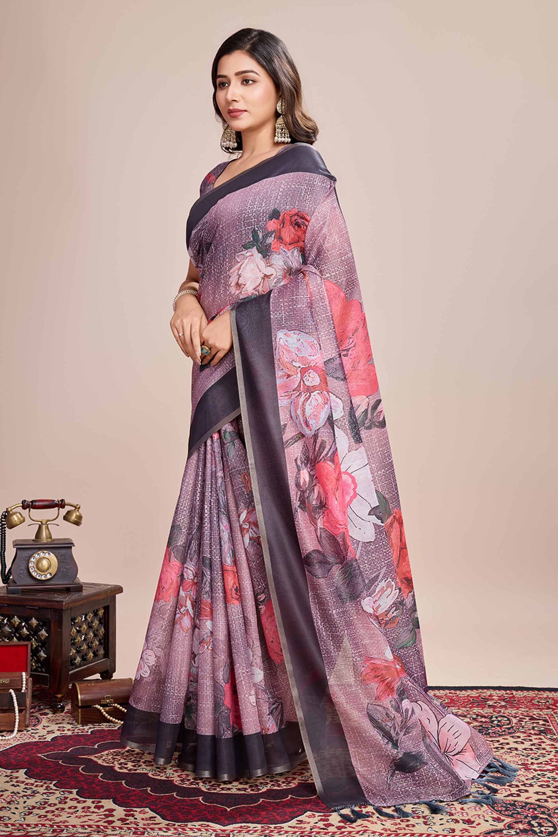 Dusky Purple Floral Printed Linen Saree