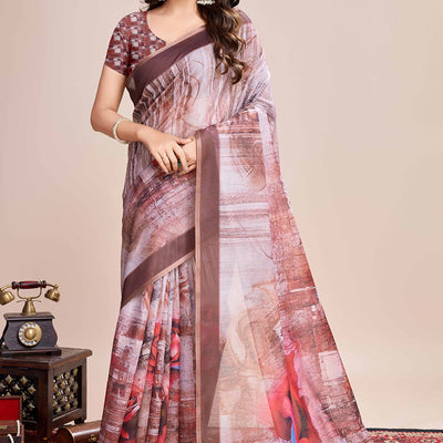 Coffee Brown Floral Printed Linen Saree