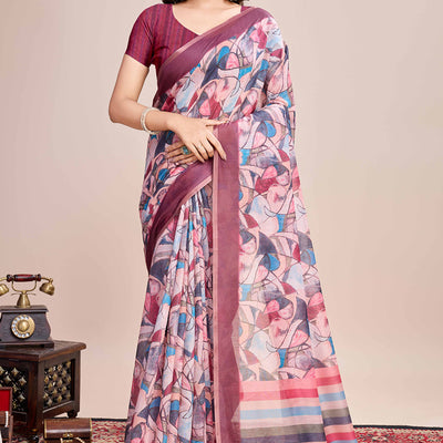 Multicolor Floral Printed Linen Saree