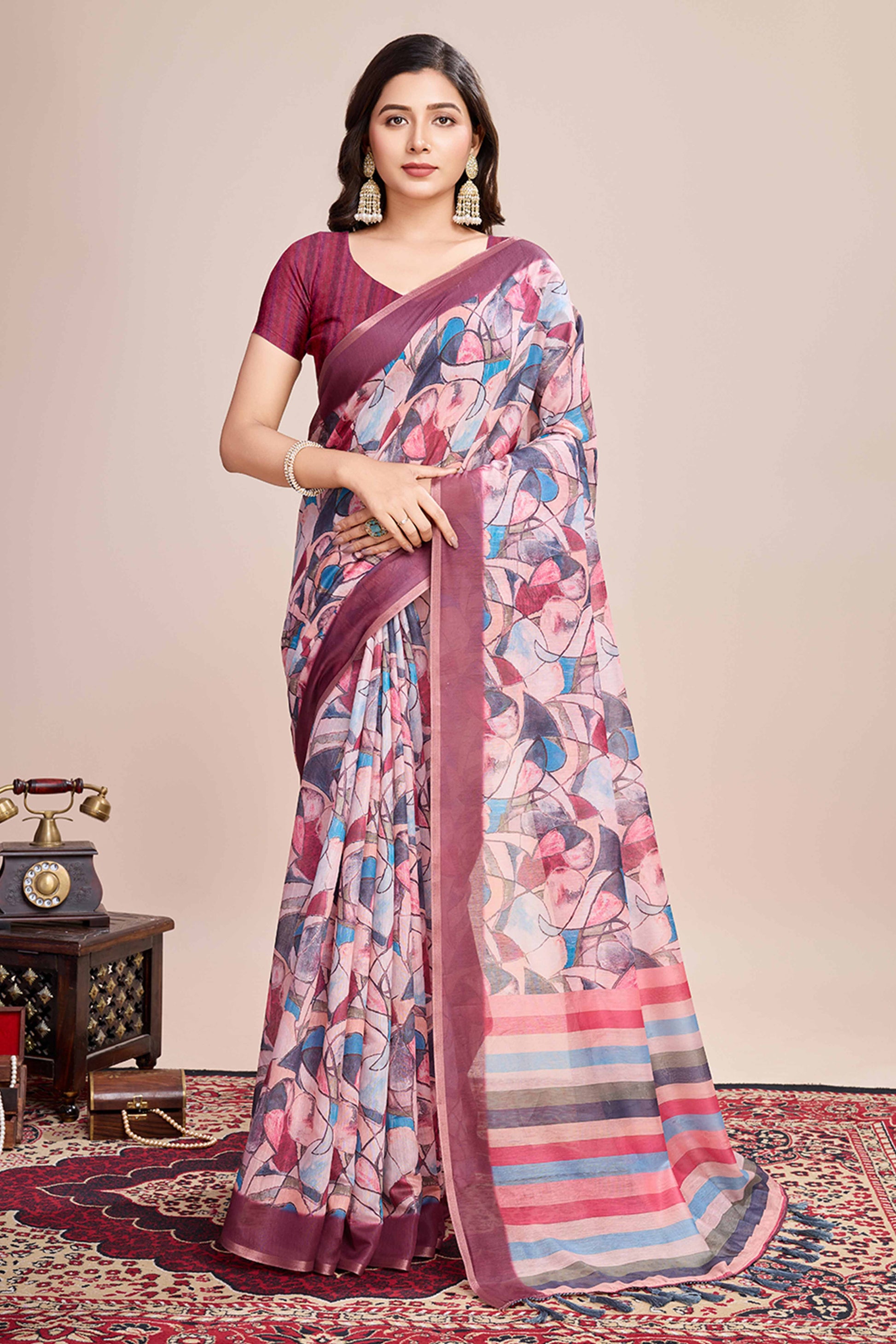 Multicolor Floral Printed Linen Saree