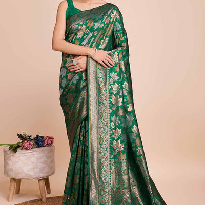 Dark Green Zari Weaving Pure Silk Saree