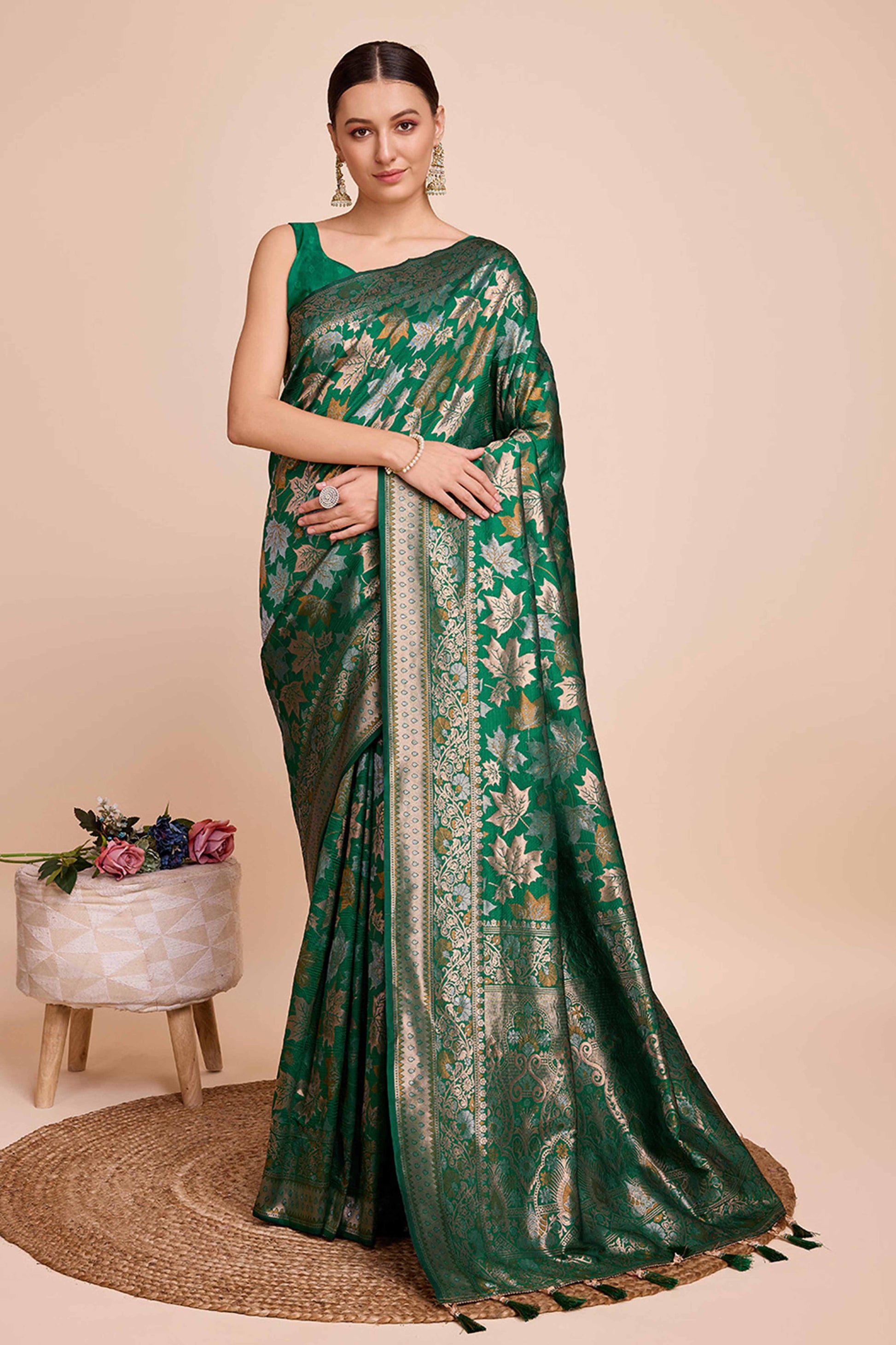 Dark Green Zari Weaving Pure Silk Saree