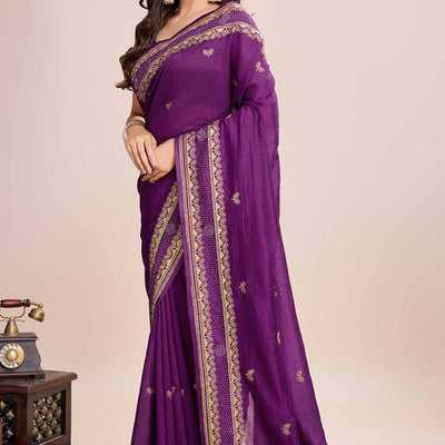 Magenta Floral Embroidered Vichitra Silk Saree