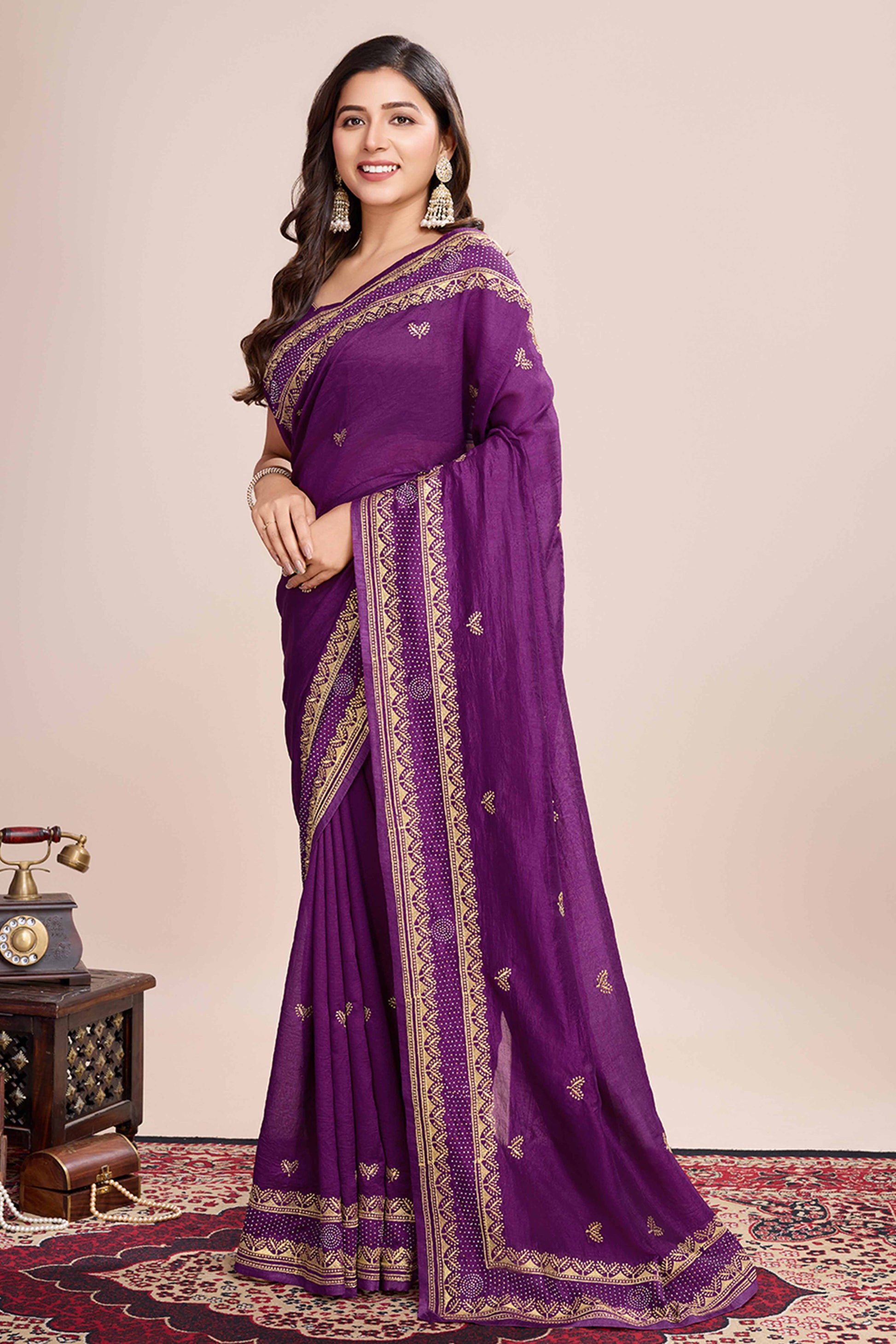 Magenta Floral Embroidered Vichitra Silk Saree