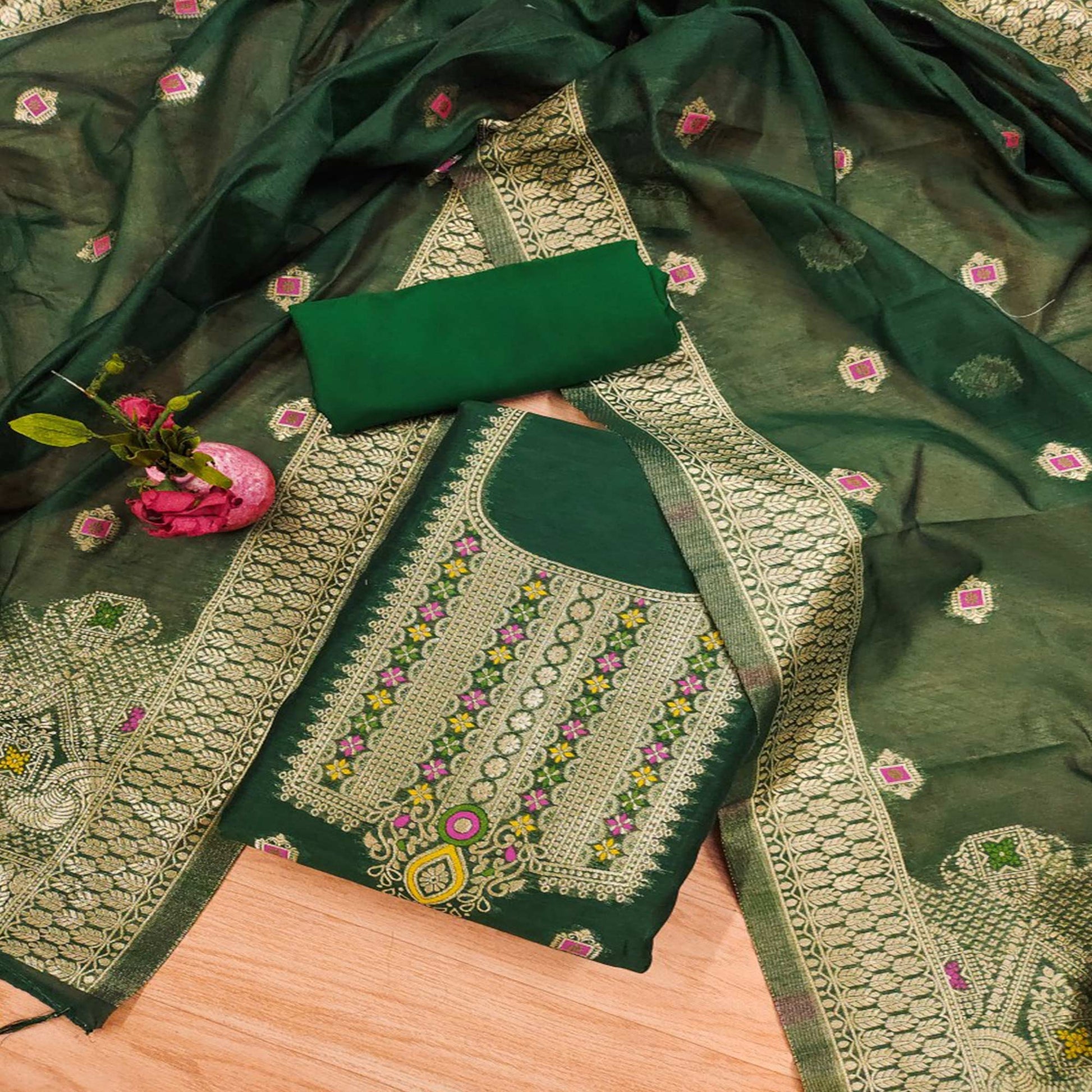 green-floral-woven-chanderi-dress-material