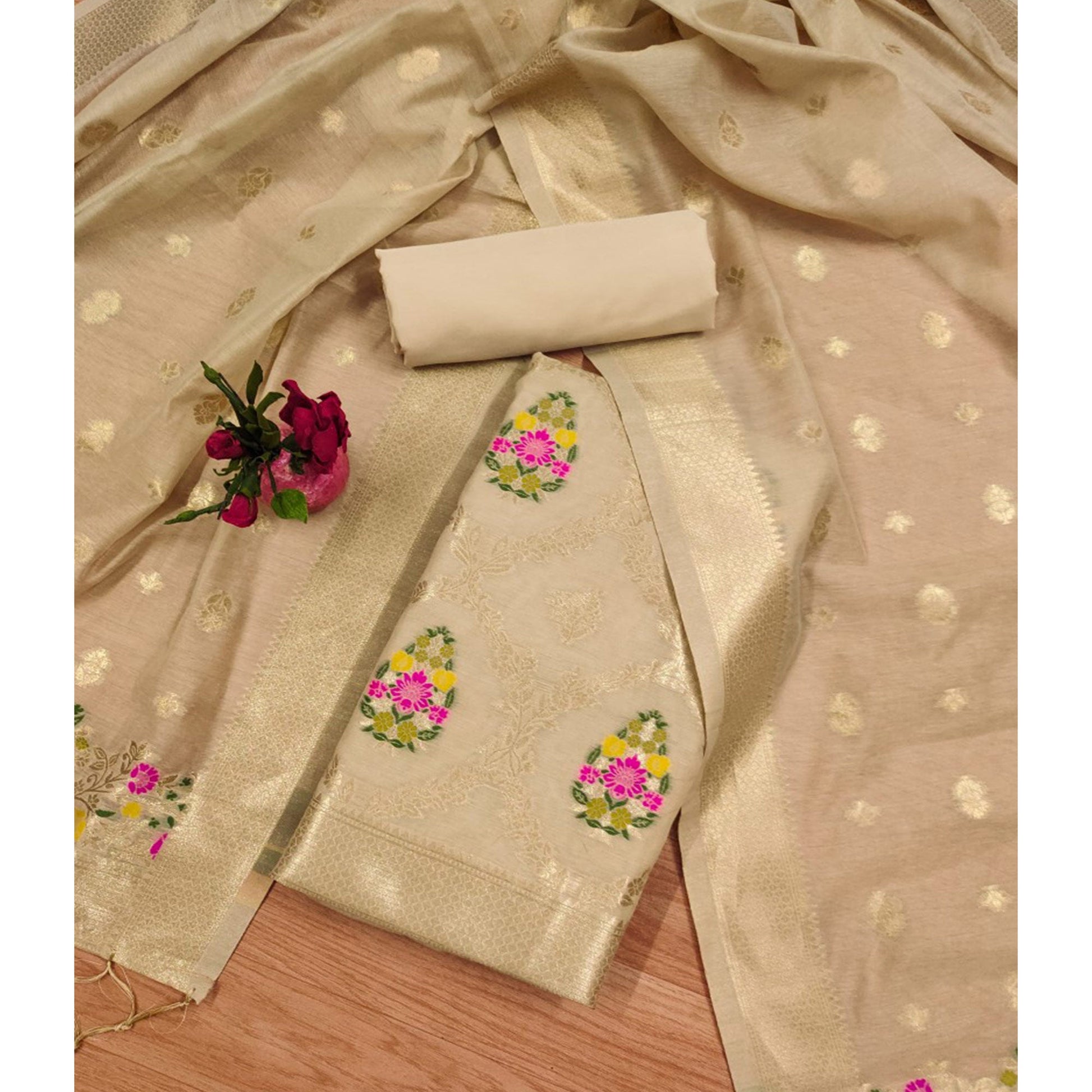 Chikoo Floral Woven Chanderi Dress Material