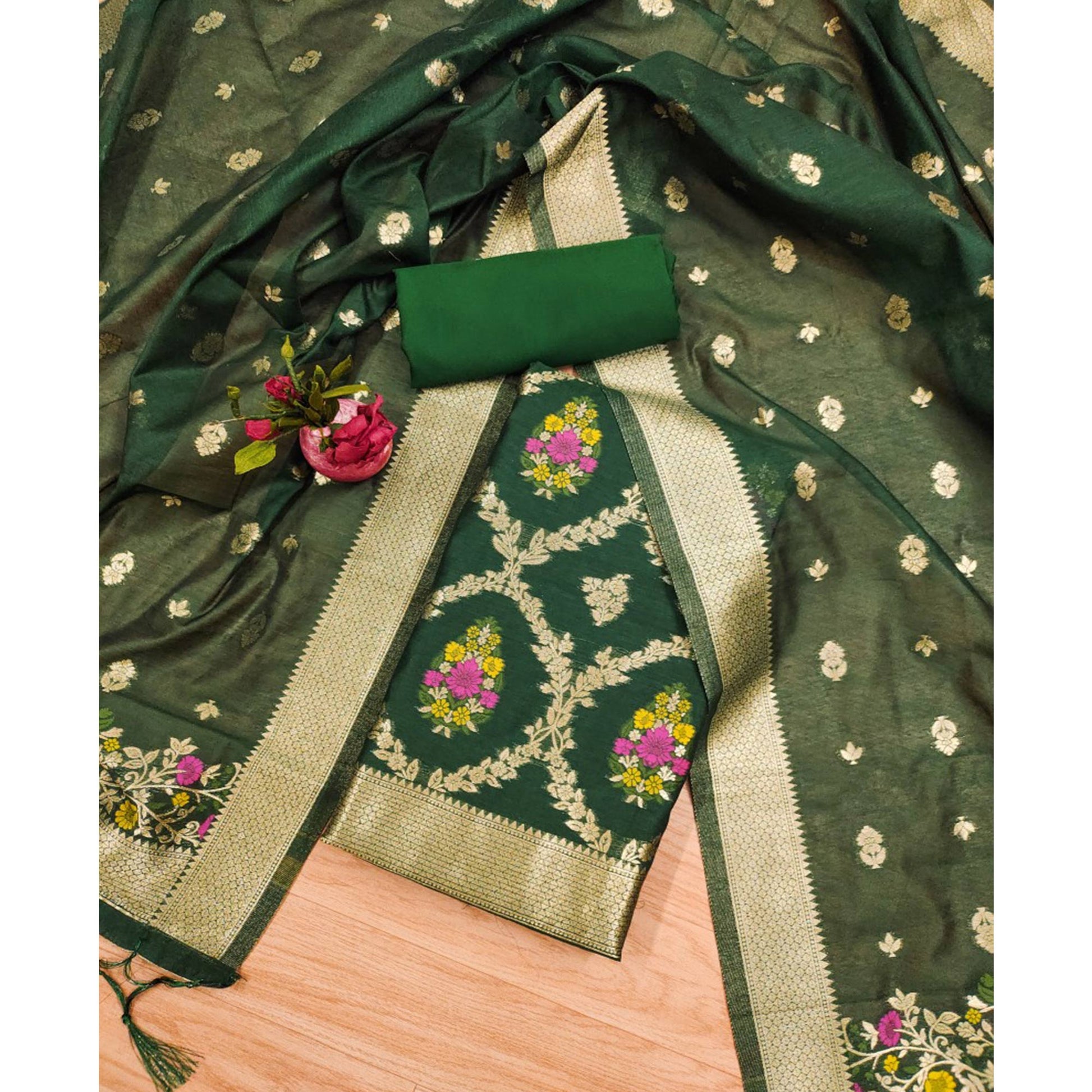 green-floral-woven-chanderi-dress-material-1