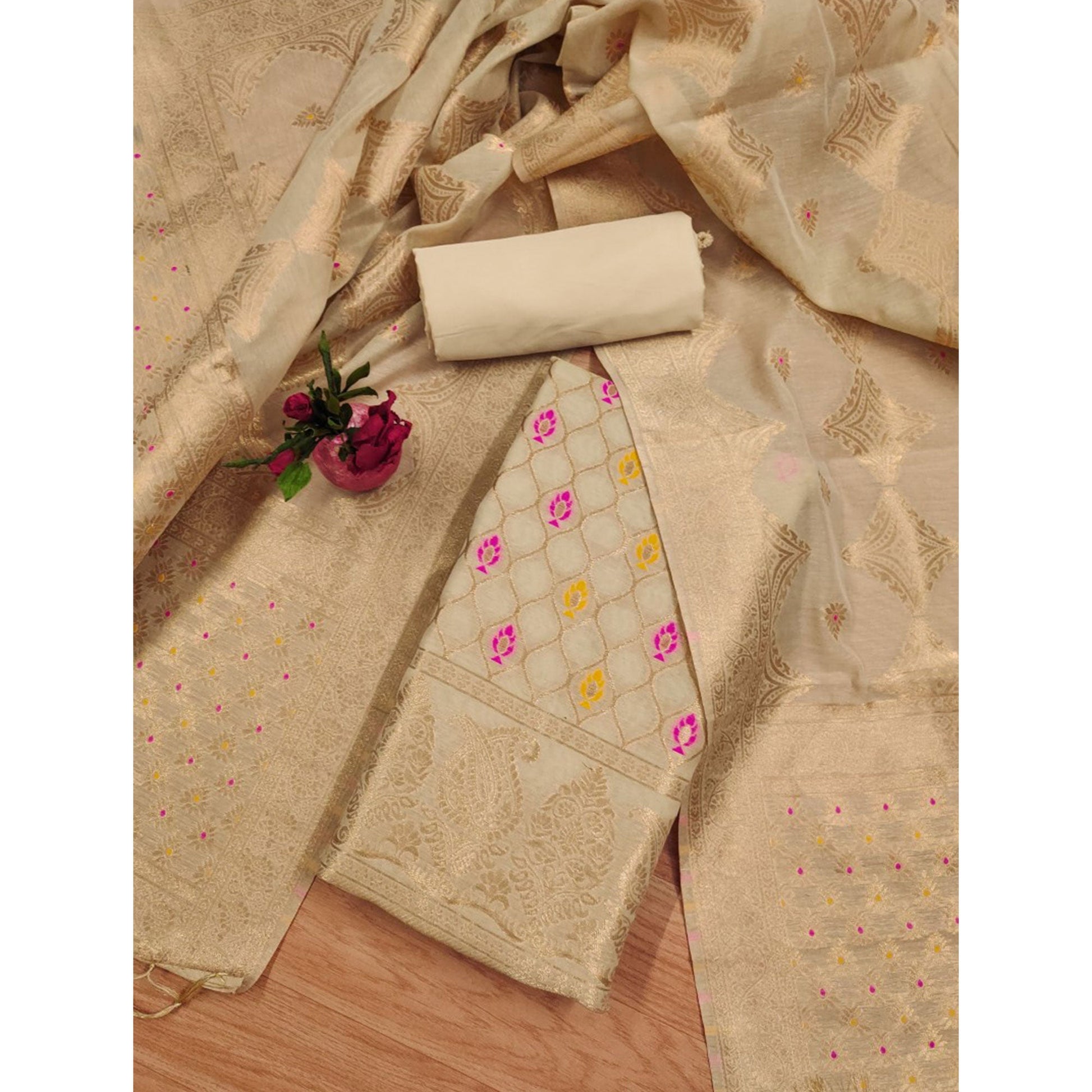 Chikoo Woven Chanderi Dress Material